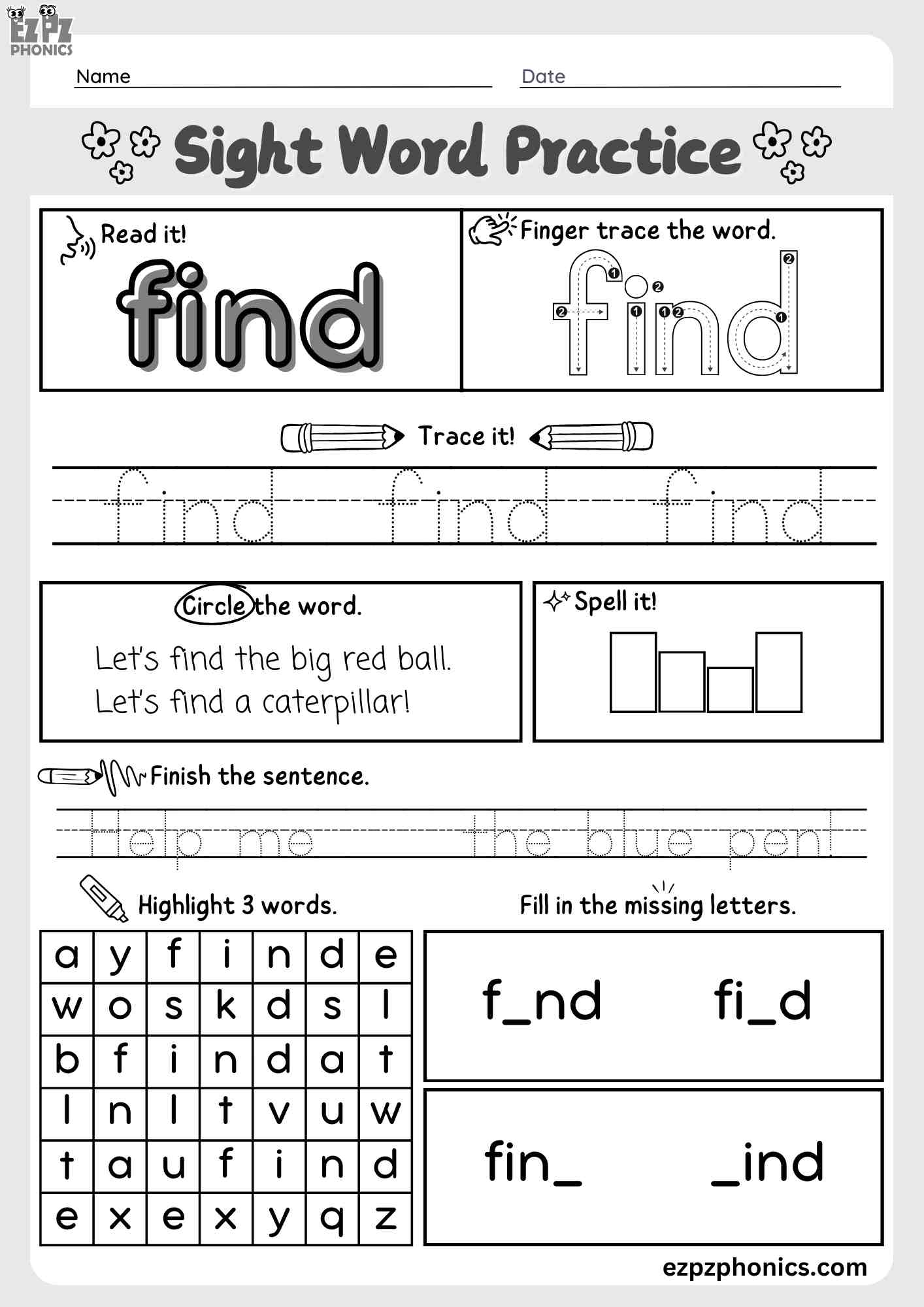 The Word "Find" Dolch Sight Word Worksheet Activity for Pre-Kindergarten and Kindergarten Students PDF Download